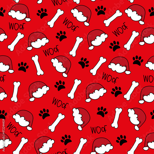 Dog paw seamless pattern for Christmas - paw print, and Santas hat, bone and woof text on red backgound. Good for textile print, wrapping paper, and other gifts design.