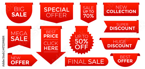 Vector set of different shape red sale tags, isolated on white background