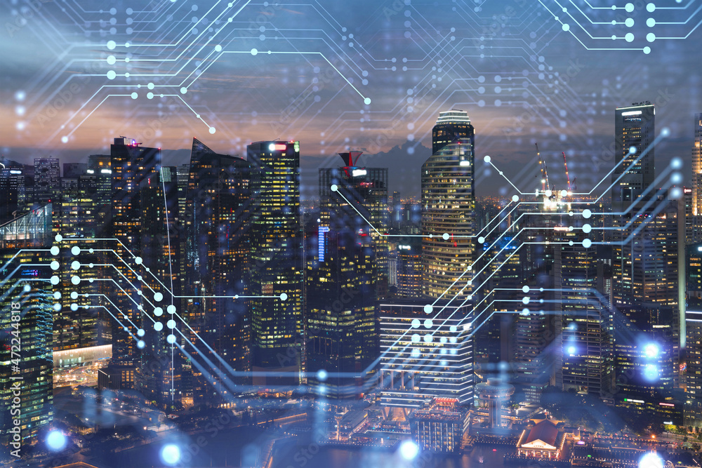 Information flow hologram, night panorama city view of Singapore. The largest technological center in Asia. The concept of programming science. Double exposure. Information flow hologram, night panorama city view of Singapore. The largest technological center in Asia. The concept of programming science. Double exposure.