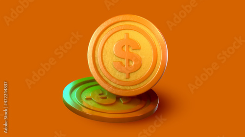 Moedas de dinheiro em fundo laranja com iluminação verde photo