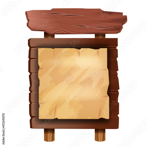 Wooden sign board vector illustration, UI game rustic placard, old parchment announcement banner. Vintage billboard frame, timber texture panel isolated on white. Wooden sign menu background