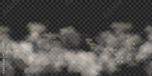 Realistic dust cloud, vector smoke air fog effect on transparent background, powder dirty sand storm. Abstract steam frame, smoky environment chemistry pollution. Road dust cloud, sandstorm clipart