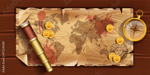 Old pirate world map, antique vintage travel parchment background, corsair retro cartography paper. Geography adventure illustration, golden compass, spyglass, galleon coins. Old map on wooden table