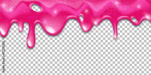 Pink slime vector glitter background, liquid dripping texture border, cartoon sticky toxic poison goo. Halloween mucus frame, colorful gum syrup on transparent background. Realistic pink slime clipart