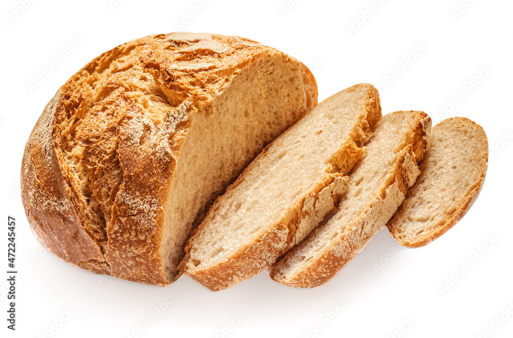 Freshly baked round  Bread isolated on white background.  Sliced, cutted wheat bread. Bakery, rustic  traditional food concept. Top view.