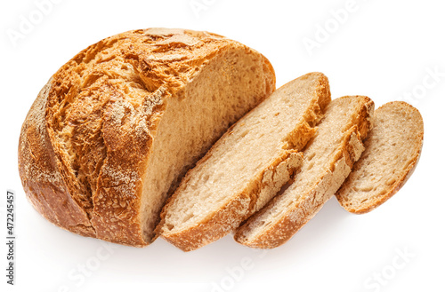 Freshly baked round Bread isolated on white background. Sliced, cutted wheat bread. Bakery, rustic traditional food concept. Top view.