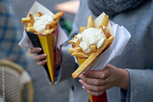Fototapeta Belgian frites or french fries with mayonnaise in Brussels, Belgium