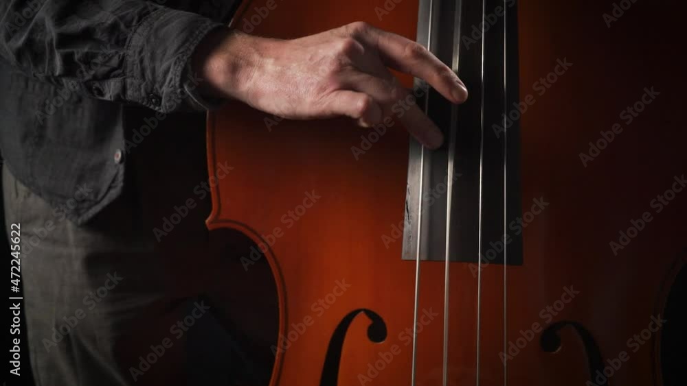 Male hand is playing double bass while strings are vibrating in slow motion Male hand is playing double bass while strings are vibrating in slow motion