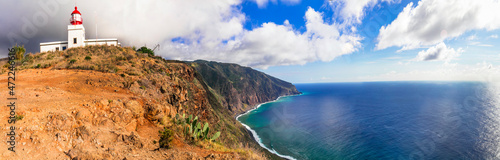 Sea scenery of Madeira island - impressive rocky mountains in western part Ponta do Pargo. Scene with lighthouse