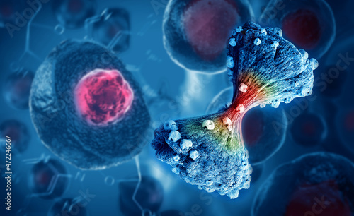 Cancer cell dividing and embryonic stem cells in the background. 3D illustration