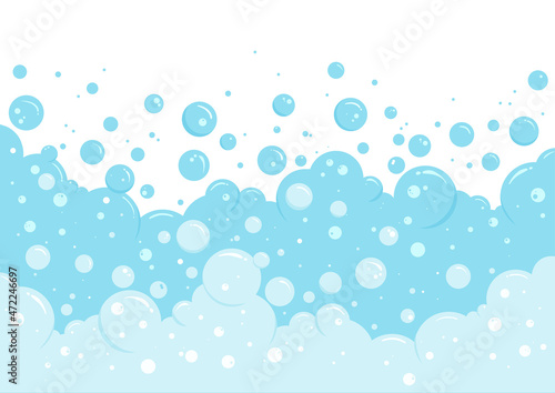 Blue foam bubble border, soap abstract frame, suds pattern. Transparent effervescent air bubbles stream isolated on white background. Cartoon soda pop. Fizzy drinks. Carbonated vector illustration