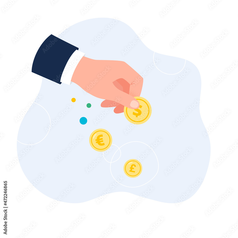Hand holds a coin. Donation and charity concept. Vector flat illustration isolated on the white background. Hand holds a coin. Donation and charity concept. Vector flat illustration isolated on the white background.