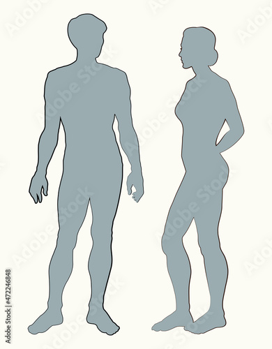 Male and female stands sideways. Vector drawing
