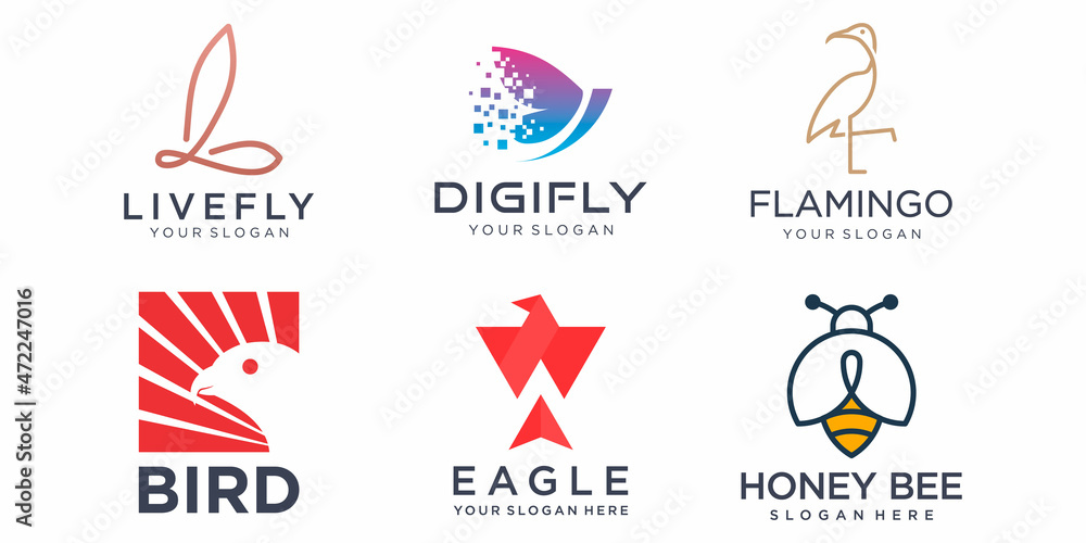 Animal Logo collection , Eagle, bird, flamingo, butterfly, Dragon, Phoenix, bee honey, vector symbol
