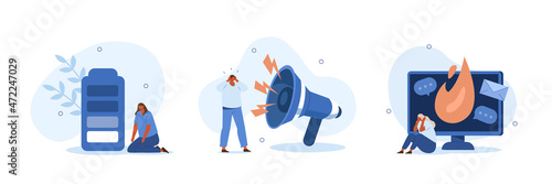 Emotional burnout syndrome illustration set. Characters suffering from stress, fatigue, occupational burnout and other mental disorder. Mental health problems concept. Vector illustration.