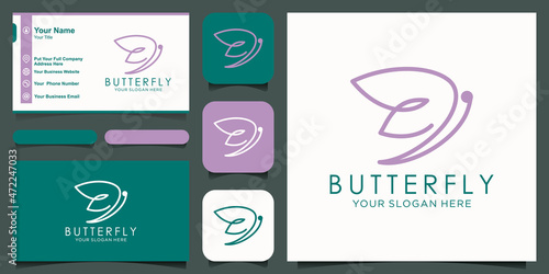 abstract butterfly mono line logo and business card design vector.