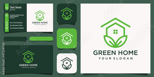 abstract home combine leaf logo and business card design vector.