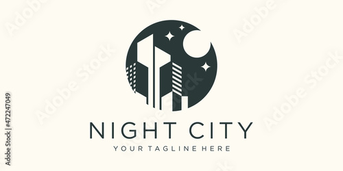 Night city skyline at full moon logo design inspiration