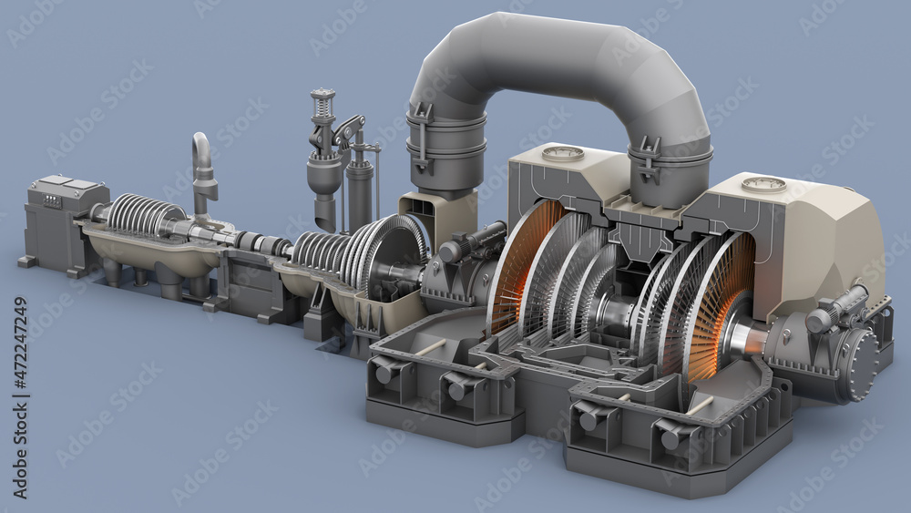 Steam turbine model. Partial cut. 3d illustration - obrazy, fototapety, plakaty 