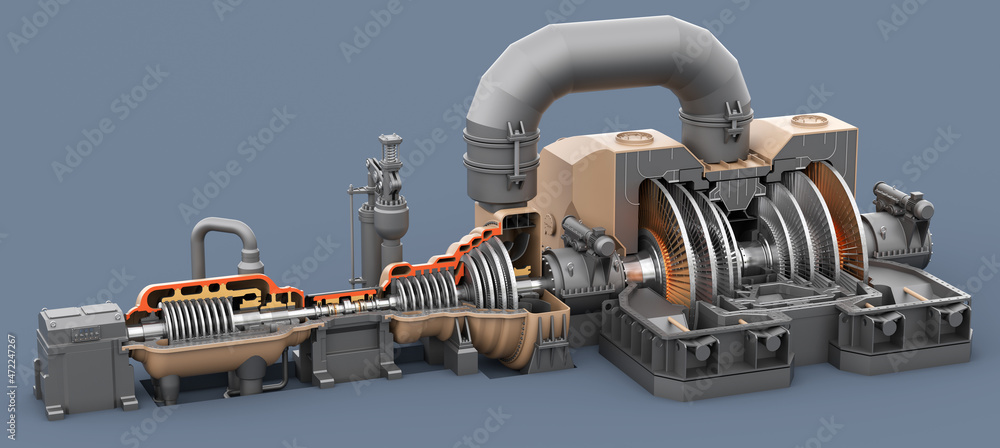 Steam turbine model. Axle with impellers. High pressure turbine, medium and low. Steam generator. 3d illustration - obrazy, fototapety, plakaty 