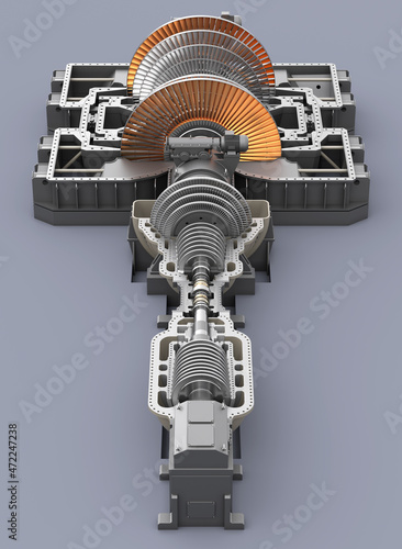 Disassembled steam turbine. Longitudinal view. 3d illustration