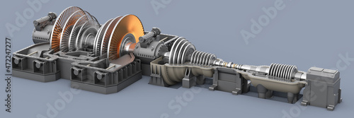 Steam turbine generator. Axle with impeller. The upper half of the body has been removed. 3d render