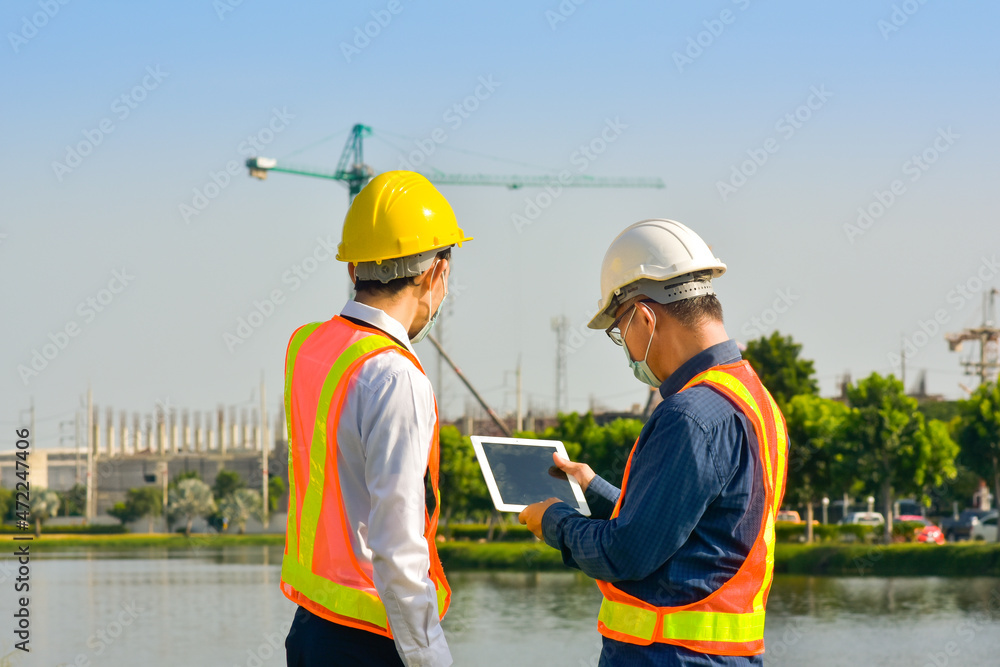 Engineer team Construction workers are planning construction project at the site outdoor Engineer team Construction workers are planning construction project at the site outdoor