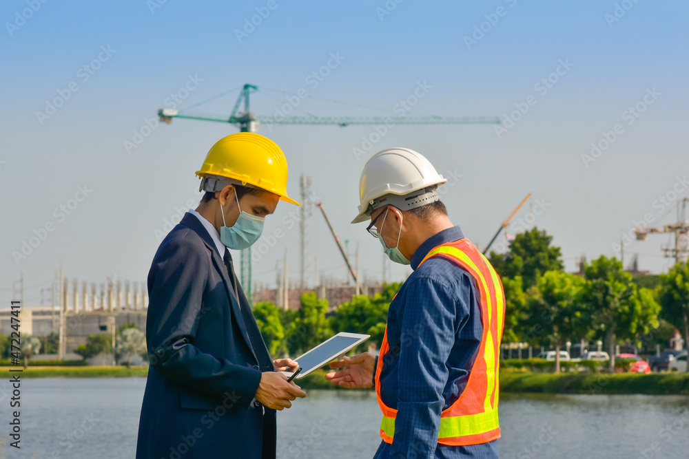 Engineer team Construction workers are planning construction project at the site outdoor Engineer team Construction workers are planning construction project at the site outdoor