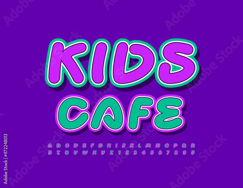 Vector creative logo Kids Cafe. Bright Childish Font. Trendy sticker Alphabet Letters and Numbers set