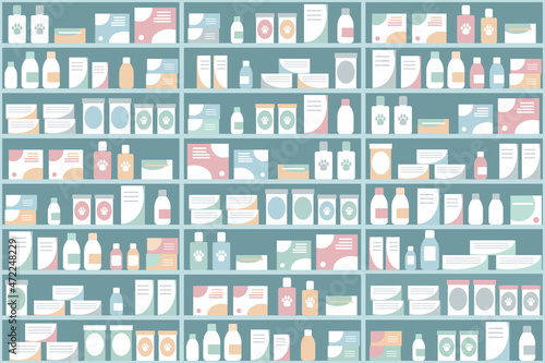 shelves with medicines for animals as background, vector