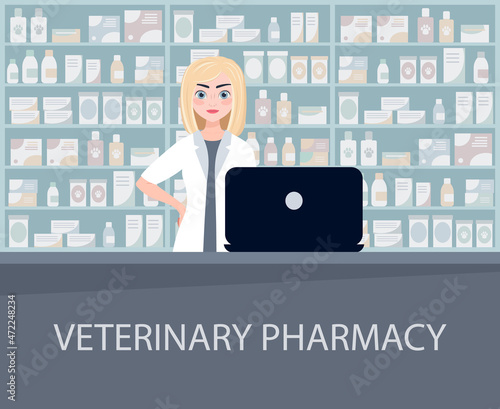 veterinary pharmacy, vector illustration. girl-seller