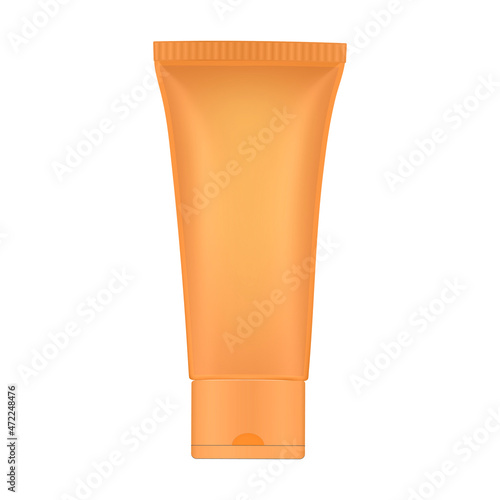3d illustration of orange tube. Ointment. Salve. Glue tube. Cream. Vector mockup. Sunscreen bottle