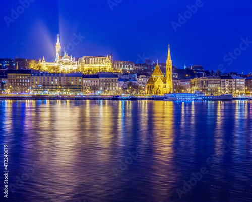 Amazing panorama of twilight Budapest with Matthias Church and St. Florian Greek Catholic Church.