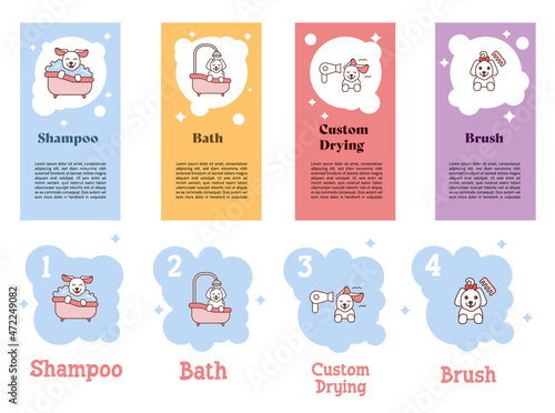 Cute icons dog grooming. Pets icon set with a dog that is grooming: colorful pastel flyers and bubble text steps. 
