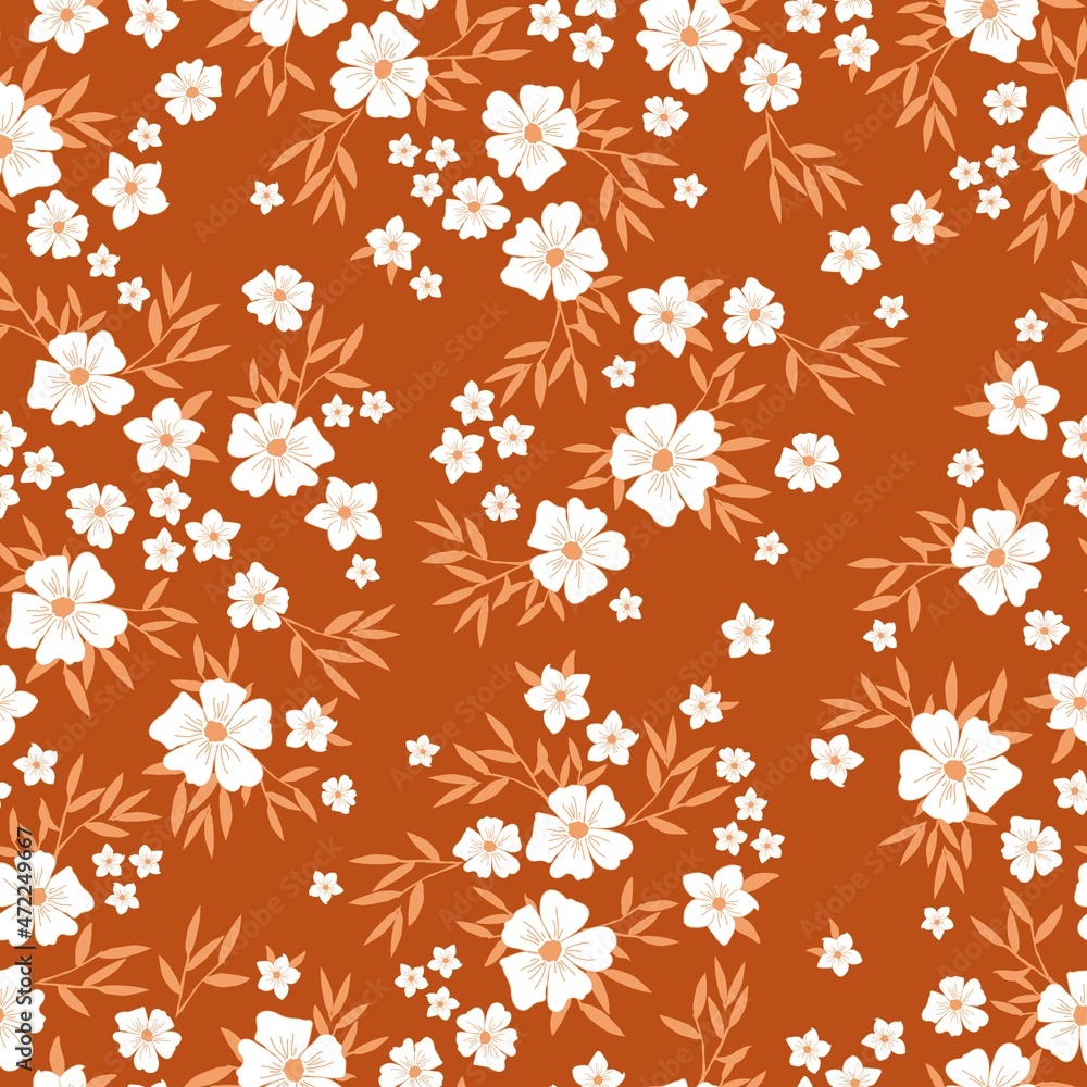 Vintage floral background. Seamless vector pattern for design and fashion prints. Floral pattern with white flowers and orange leaves on a terracotta background.