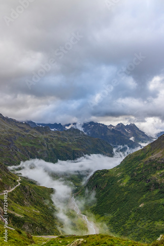 Typical alpine landscape of Swiss Alps near Sustenstrasse, Urner Alps, Canton of Bern, Switzerland