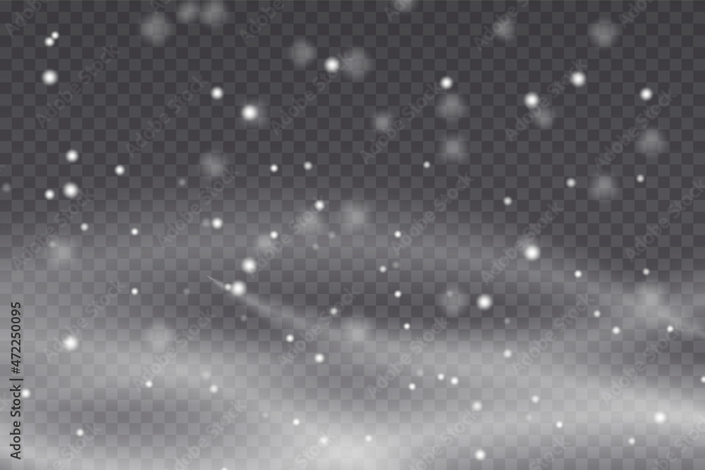 Realistic falling snowflakes isolated on transparent background. Falling Christmas snow. Cold winter wind texture
