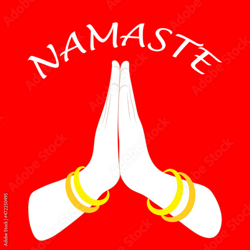 Photography illustration hands folded in a namaste greeting pose on a red background