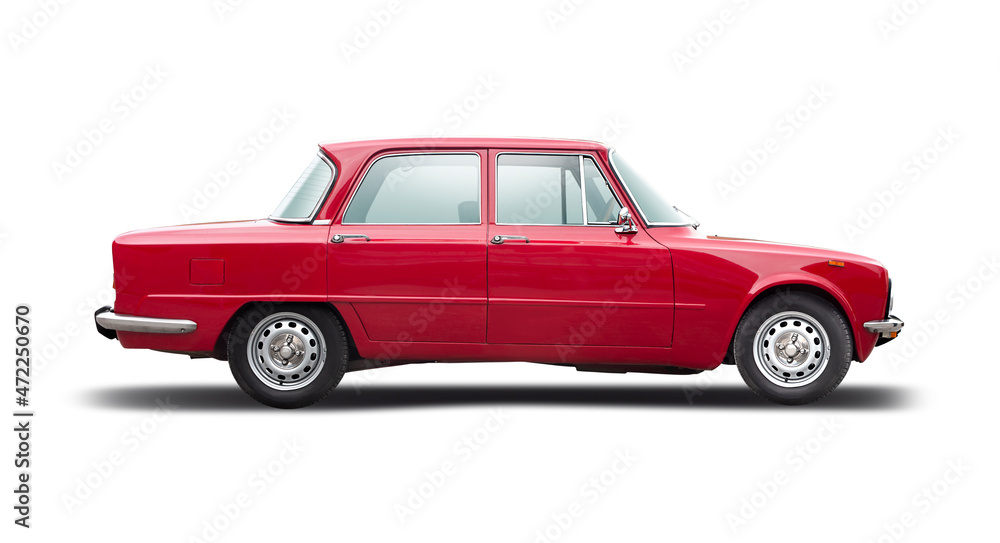 Classic Italian sedan family car side view isolated on white background