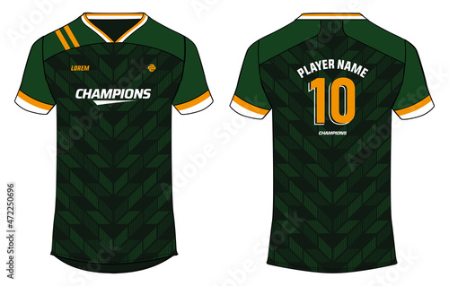 Sports t-shirt jersey design concept vector template, rhombus pattern v neck Football jersey concept with front and back view for Soccer, Cricket, Volleyball, Rugby, tennis, badminton uniform kit