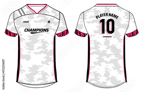 Camouflage Sports jersey t shirt design concept vector template, v neck football jersey concept with front and back view for Cricket, soccer, Volleyball, Rugby, tennis and badminton uniform