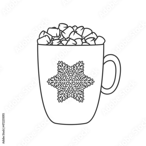 Cute mug with hot drink and marshmallows. A cup with a snowflake. Vector linear illustration isolated on white background