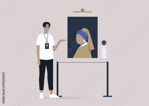 An art gallery guide showing visitors a classic painting during the sightseeing tour