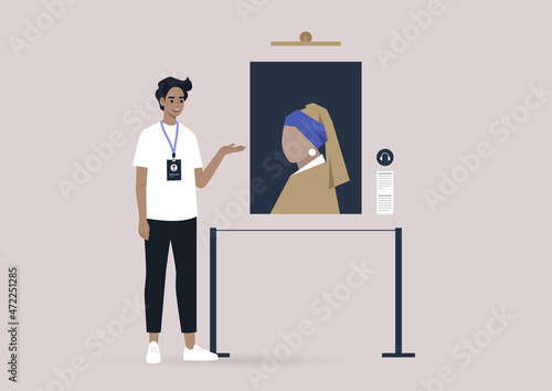 An art gallery guide showing visitors a classic painting during the sightseeing tour