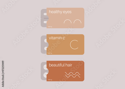 Medical supplements packages, a  set of beauty pills, vitamin c, and eye care capsules