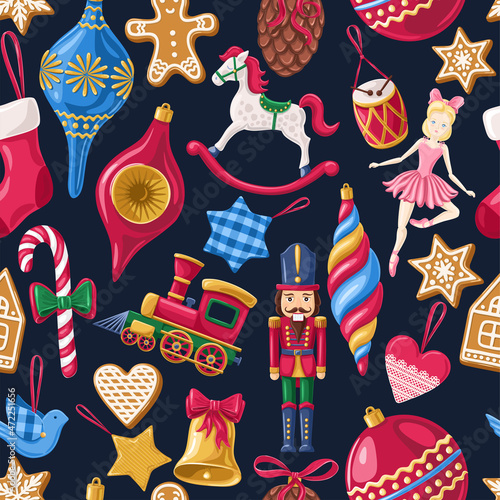 Christmas toys seamless pattern.Texture for fabric, wrapping, wallpaper