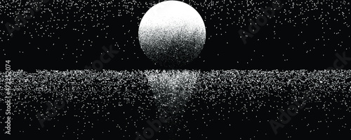 Horizon with lunar reflection.  Full moon on the ocean.  Brush strokes. Open sea landscape . Moonlight logo .Vector