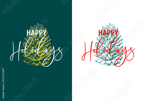 Christmas card with fir tree pinecone and handwritten text, vector