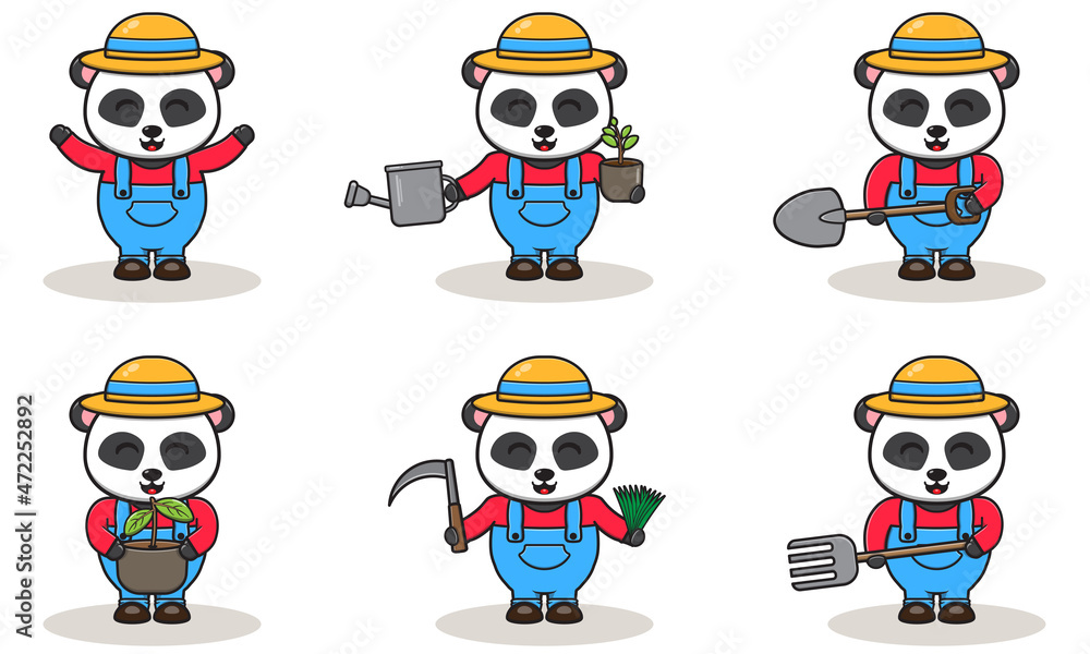 Vector illustration of Panda farmer cartoon. Cute Panda farmer character design with straw hat. Character flat design. Vector illustration of Panda farmer cartoon. Cute Panda farmer character design with straw hat. Character flat design.