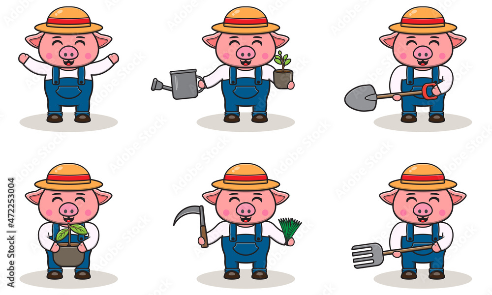 Vector illustration of Pig farmer cartoon. Cute Pig farmer character design with straw hat. Character flat design. Vector illustration of Pig farmer cartoon. Cute Pig farmer character design with straw hat. Character flat design.